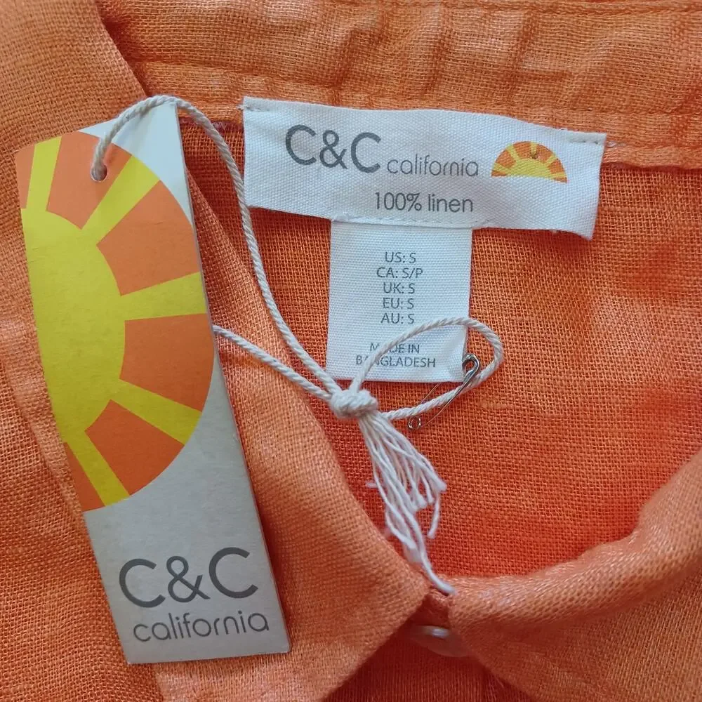 C&C California Linen Button Up Shirt Size S Orange Long Sleeve Tunic Top NEW - Picture 6 of 8